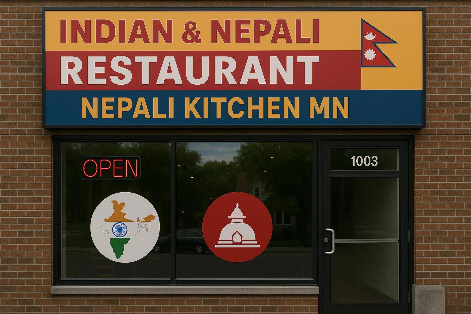 Nepali Kitchen restaurant sign on a brick facade, advertising Indian and Nepali cuisine in Saint Paul, MN.